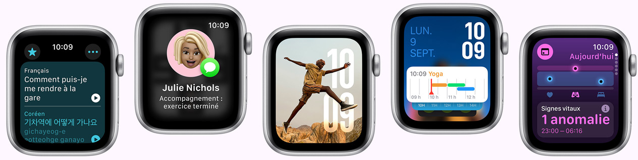 Cinq Apple Watch dont les écrans montrent l’app Traduire, l’app Accompagnement, le cadran Photos, le cadran Modulaire et l’app Signes vitaux.