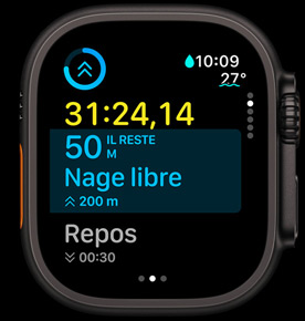 écran Suivant montrant la distance restant à parcourir en nage libre.