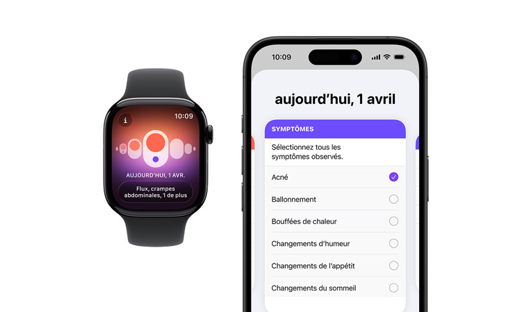 Apple Watch Series 11, bo?tier en titane, couleur or, app Suivi de cycle, sélecteur des sympt?mes quotidiens ouvert sur un iPhone jumelé à l’Apple Watch