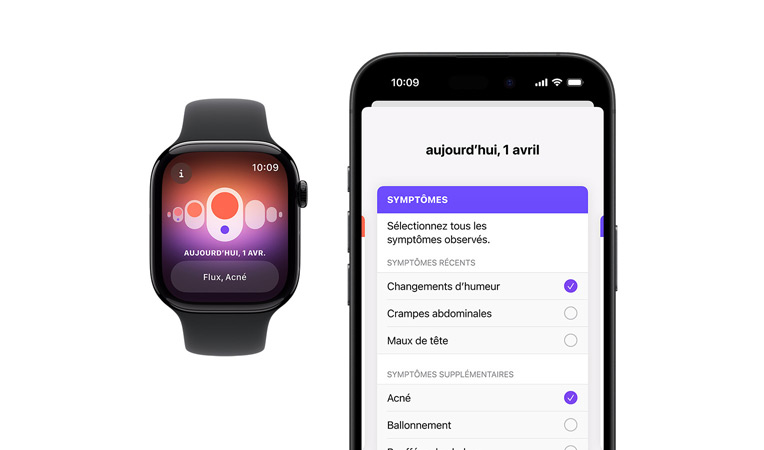 Apple Watch Series 10 avec bracelet Sport noir, vue de face, l’interface affiche Suivi de cycle, Règles, Enregistrement des sympt?mes ; à c?té, un iPhone 16 vu de face, affiche Suivi de cycle, Enregistrement des sympt?mes, Règles