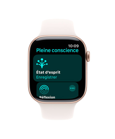 Apple Watch Series 11, bo?tier en aluminium, couleur or rose, app Pleine conscience ouverte, c?té droit, Digital Crown, Bracelet Sport rose tendre