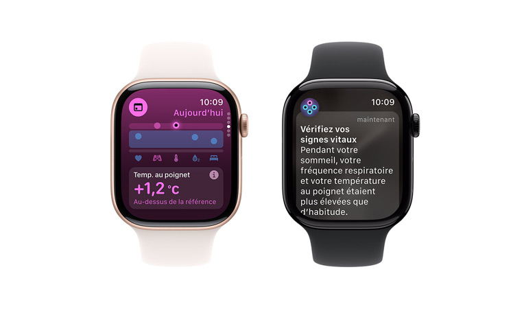 Apple Watch Series 10 avec bracelet Sport blanc, l’interface affiche Signes vitaux, Température au poignet ; à c?té, une autre Apple Watch Series 10 avec bracelet Sport noir affiche Signes vitaux, Température au poignet, Fréquence cardiaque, Analyse.