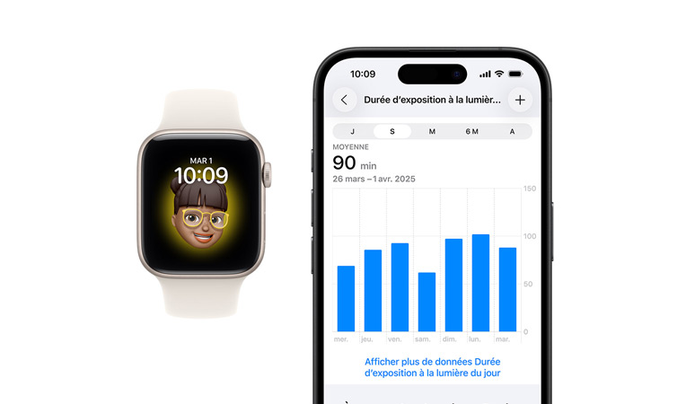 Apple Watch SE 3, bo?tier en aluminium, couleur lumière stellaire, cadran Memoji, iPhone, onglet Partage de Santé avec durée d’exposition à la lumière du jour