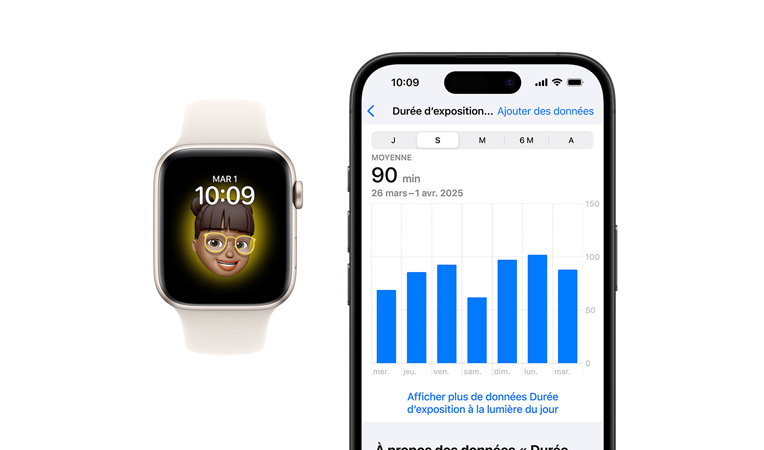 Apple Watch SE avec bracelet Sport blanc, vue de face, l’écran affiche Horloge, Memoji ; à c?té, iPhone 16 vu de face, l’écran affiche Santé, graphique Temps passé à la lumière du jour