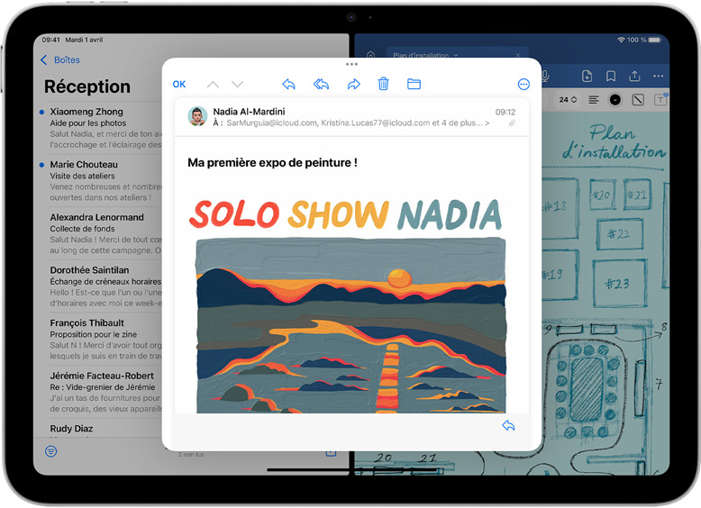 Mail et GoodNotes c?te à c?te sur un iPad. Un e-mail est ouvert dans une fenêtre distincte.