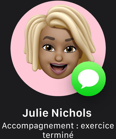 Un memoji avec l’ic?ne Messages indiquant Accompagnement