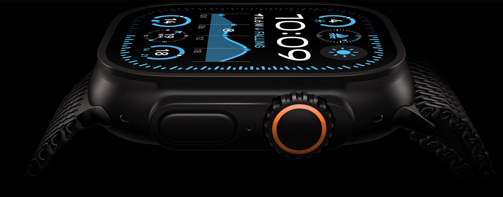 Οθ?νη Apple Watch Ultra 2, με κ?σα απ? μα?ρο τιτ?νιο, που εμφαν?ζει ?ρα, θερμοκρασ?α και ζωνταν?? δραστηρι?τητε?.