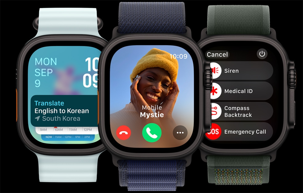 Τρει? οθ?νε? Apple Watch Ultra. Μ?α με το app Μετ?φραση. Μ?α ?λλη με μια εισερχ?μενη κλ?ση. Και η τελευτα?α με τα εικον?δια Σειρ?να, Ιατρικ? ID, Ιχνηλ?τηση και Κλ?ση ?κτακτη? Αν?γκη?.