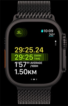 ?να Apple Watch Ultra 2 που δε?χνει τη δι?ρκεια κολ?μβηση?, τον ρυθμ? και την απ?σταση ω? μ?ρο? τη? λειτουργ?α? Πολυαθλητικ?.