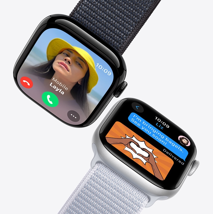 Δ?ο οθ?νε? Apple?Watch. Η πρ?τη δε?χνει μια εισερχ?μενη κλ?ση. Η δε?τερη δε?χνει ?να μ?νυμα κειμ?νου.
