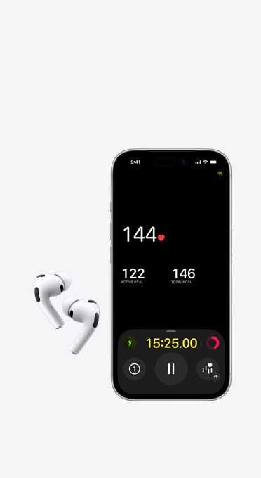 左右兩邊的無線耳筒，旁邊有一部 iPhone 螢幕顯示心率監(jiān)測器