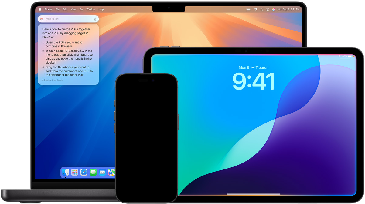 Mac、iPad 和 iPhone 顯示由 Apple Intelligence 驅(qū)動(dòng)的全新 Siri 功能。