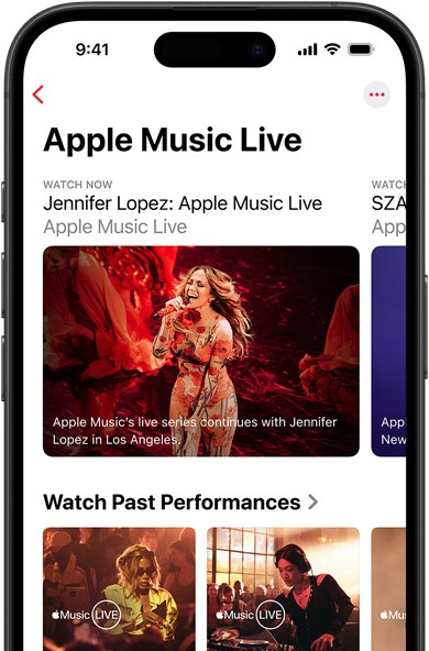 iPhone 上的 Apple Music Live 畫面，顯示「立即觀看」、過往演出，以及「Apple Music 百大專輯」等獨家內(nèi)容