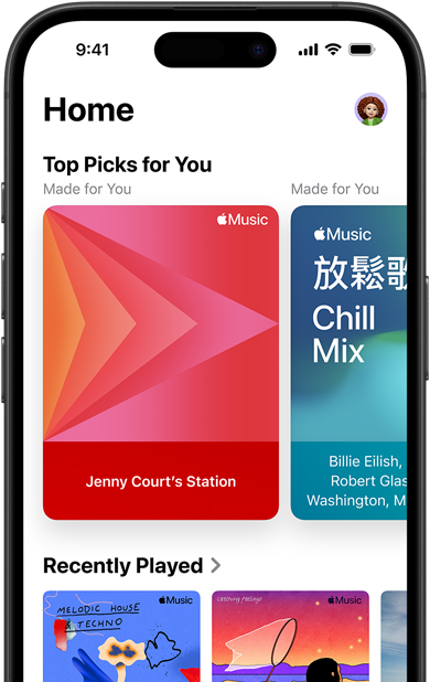 iPhone 上的 Apple Music「首頁」分頁畫面，「專屬精選推薦」卡片顯示 Jenny Court 的個人化電臺和歌單