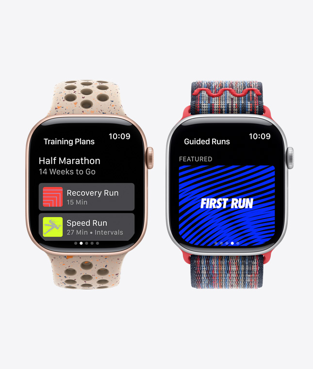兩款 Apple Watch 裝置展示 Nike Run Club 功能，包括訓(xùn)練計(jì)劃及跑步指導(dǎo)