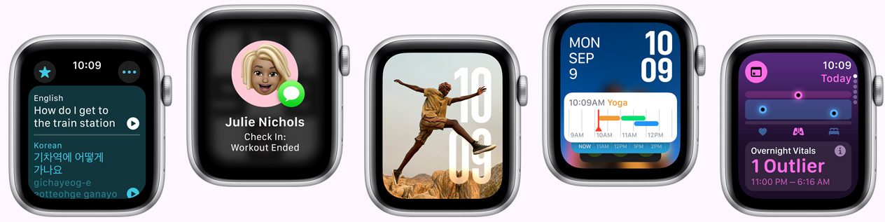多隻 Apple Watch，各顯示不同錶面選項(xiàng)
