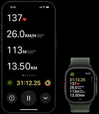 Apple Watch Ultra 2 及 iPhone 上的即時動態(tài)同時顯示某人的單車訓(xùn)練指標(biāo)。