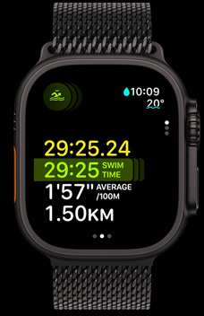 Apple Watch Ultra 2 顯示多項(xiàng)目運(yùn)動功能中的游泳時長、配速及距離。