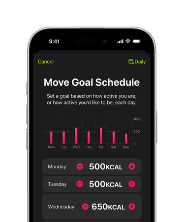 iPhone 16 front, UI reads Move Goal Schedule