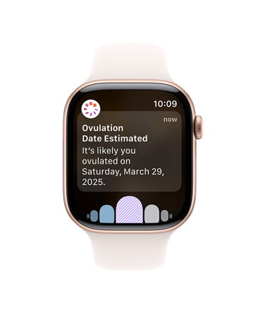Apple Watch Series 10 配白色運動錶帶的正面圖，用戶介面顯示排卵和經(jīng)期記錄