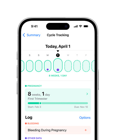 iPhone 16 的正面圖，用戶介面顯示健康 app 的經(jīng)期追蹤