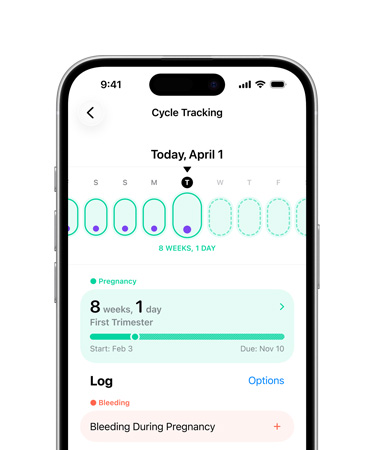 iPhone，在健康 app 設(shè)定了經(jīng)期追蹤以追蹤懷孕期間的里程碑