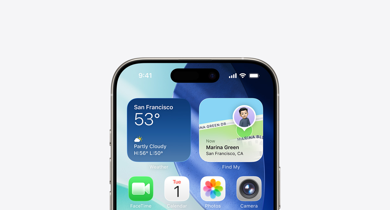 iPhone 螢幕的上半部分，展示主畫面，最頂一行為天氣 app 和尋找 app 的小工具