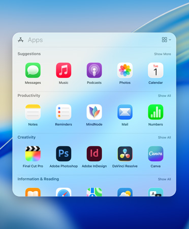 Spotlight 瀏覽選單，按類別顯示以下的 app：建議、生產(chǎn)力、創(chuàng)造力、資料與閲讀