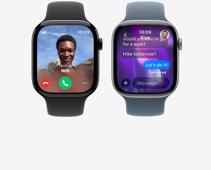 Apple?Watch Series?11 裝置，展示來電、聯(lián)絡(luò)人相片、接聽與拒接來電按鈕、iMessage?對話