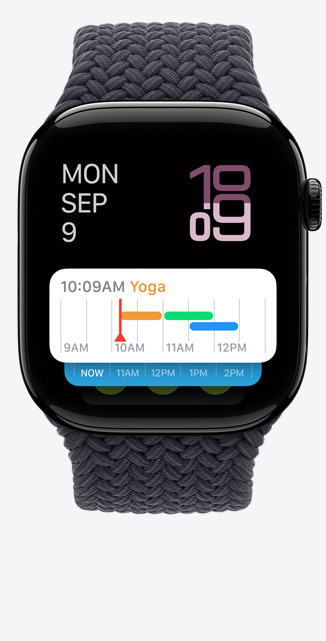 Apple Watch Series 10 的正面，智慧型疊放畫面顯示天氣小工具。