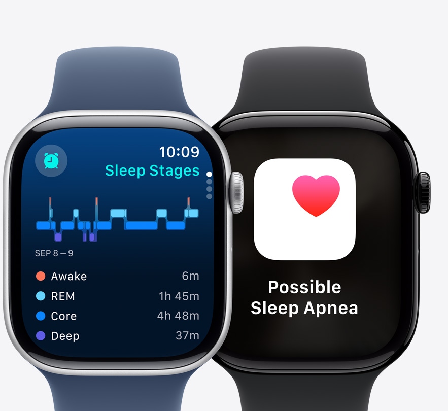 兩隻 Apple Watch Series 10 的正面，分別顯示睡眠階段畫面及「疑似睡眠窒息癥」通知。