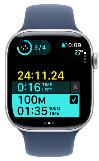 Apple Watch 螢?zāi)伙@示自訂泳池游泳體能訓(xùn)練的計(jì)時(shí)資料