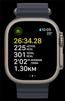 Apple?Watch?Ultra?2 prikazuje plivanje u otvorenim vodama s vremenom, kalorijama i tempom.