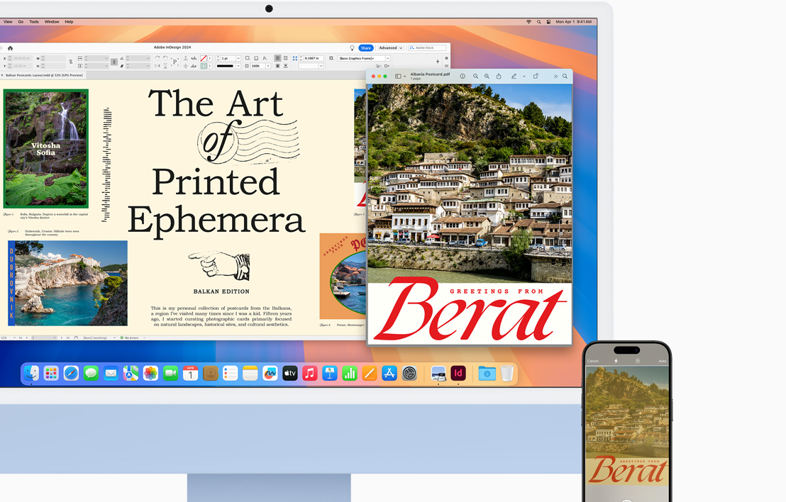 Plavi iMac i iPhone pokraj njega prikazuju dokument s ilustracijom na oba zaslona putem zna?ajke Handoff.
