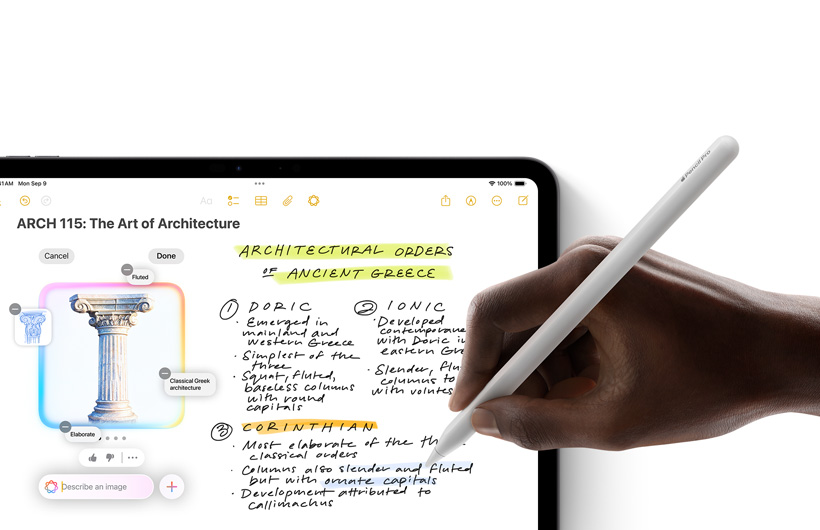 Egy Apple Pencilt tartó kéz k?rt rajzol egy vázlat k?ré az iPaden megnyitott Jegyzetek appban.