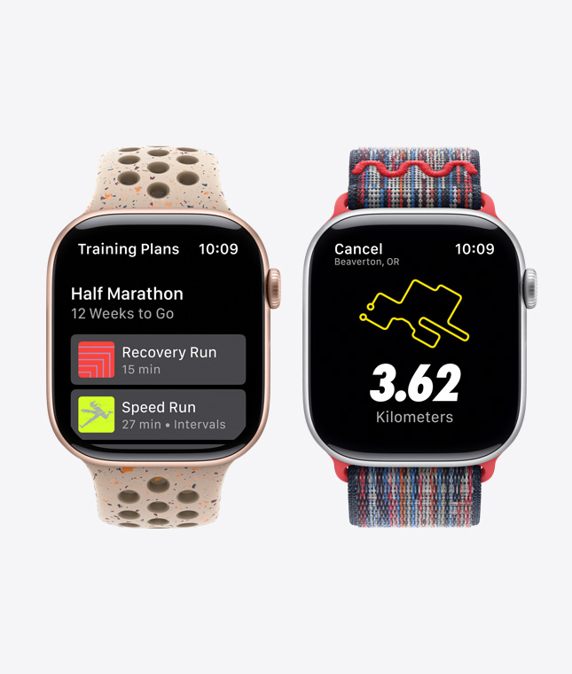 Two Apple?Watch devices showing Nike Run Club features including Training Plans and Guided Runs