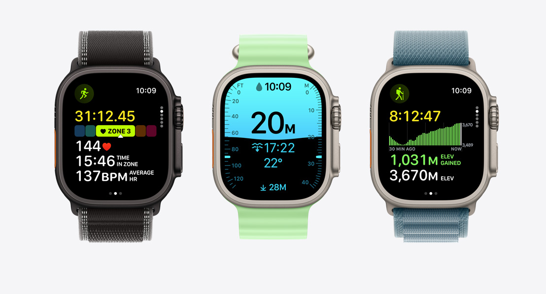 Apple Watch Ultra 3, képerny?k az Edzés appból: futás, búvárkodás, kerékpározás