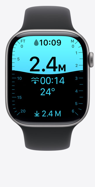 Apple Watch Series 11 rozéaranyszín? alumíniumtokkal, a kijelz?n a Mélység app, amely 8 láb mély merülést mutat