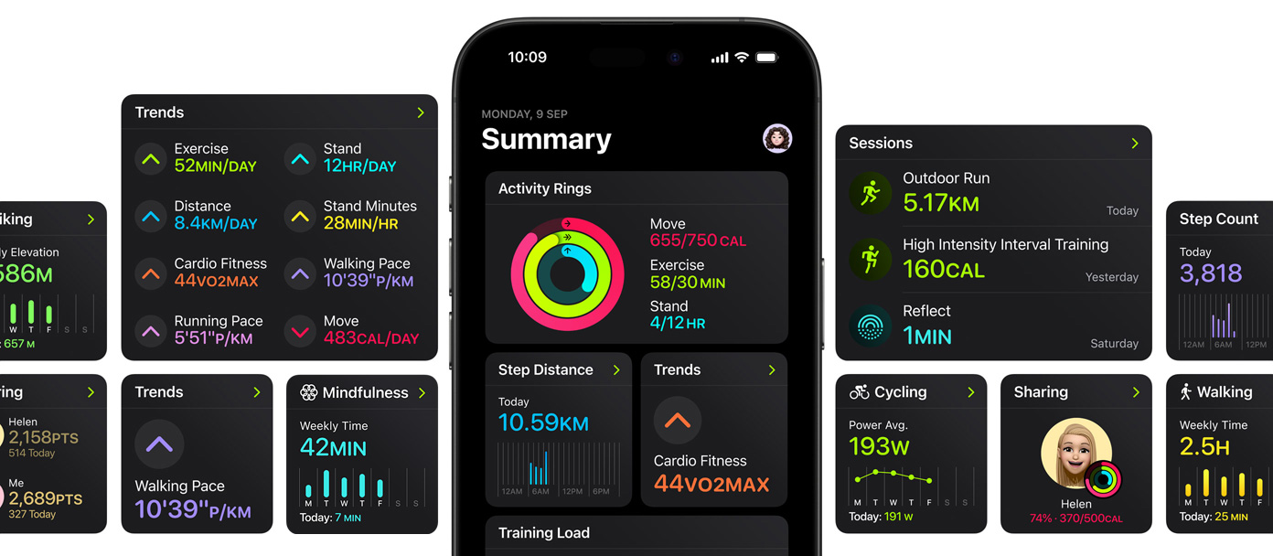 Egy iPhone t?bb kül?nb?z? képerny?vel k?rbevéve, amelyeken a Fitnesz app ?sszegzés oldalán rendelkezésre álló testreszabási lehet?ségek láthatók.