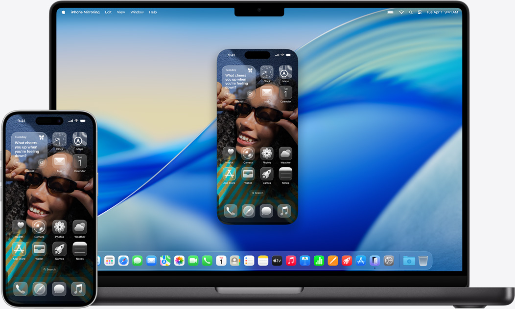 iPhone dan MacBook berdampingan menunjukkan efek cermin yang ditampilkan di MacBook. Widget Kalender dan Catatan di bagian atas layar, aplikasi di bagian bawah.