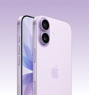 iPhone 17 warna Lavender yang memperlihatkan sebagian layar dan tampak samping dengan tombol Tindakan, tombol volume, dan tombol samping.

Eksterior belakang menampilkan sistem kamera ganda canggih di sudut kiri atas.