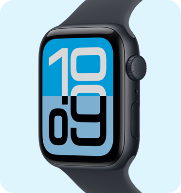 Apple Watch SE 3, aluminum case, Midnight color, Flux watch face, right side exterior, Digital Crown, microphone, side button, Sport Band, Midnight color
