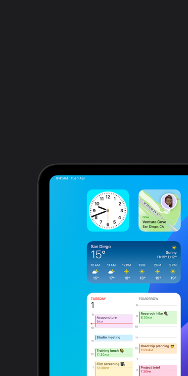 VoiceOver feature on iPad Pro screen showing Weather app widget with audio output “Weather, San Diego, 15 degrees”