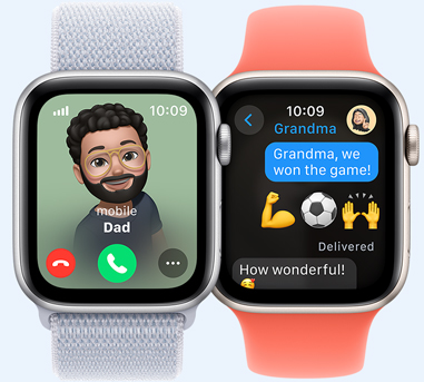 Two Apple Watches. One with a picture of dad calling. The other with a text to Grandma that says 'Grandma, we won the game.'