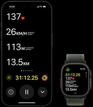 Live Activity showing a person?s biking metrics on both their Apple Watch Ultra 2 and their iPhone.