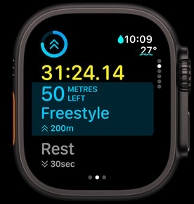 What?s Up Next screen shows the distance left in a freestyle swim.