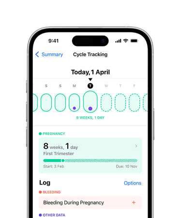 iPhone 16, front, UI reads Health, Cycle Tracking