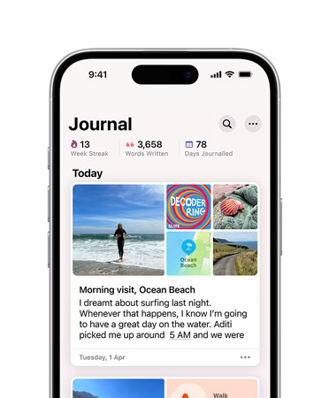 iPhone 16 front, display reads Journal