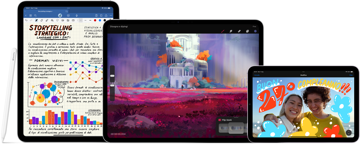 Un iPad Pro in orizzontale con un disegno dai colori brillanti. A sinistra, un iPad in verticale che mostra una pagina di appunti scritti a mano; accanto all’iPad è appoggiata una Apple Pencil Pro, leggermente inclinata. A destra, un iPad mini in orizzontale che mostra una foto con effetti disegnati a mano. Davanti all’iPad Pro e all’iPad mini c’è una Apple Pencil USB?C disposta in orizzontale.