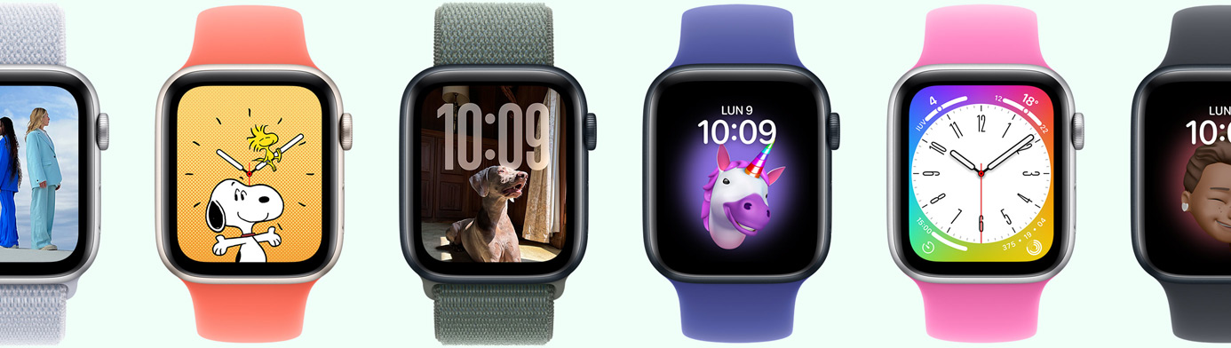 Sei Apple Watch con diversi tipi di quadranti, tra cui Memoji, Foto, Ritratto e Snoopy